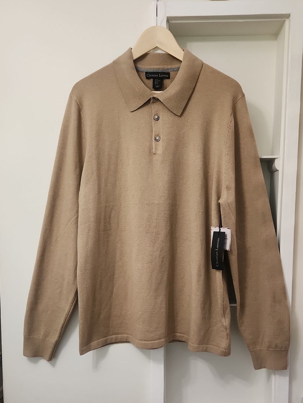 Christian Lacroix Men's Tan Knit Long Sleeve Sweater Polo Shirt Size XL